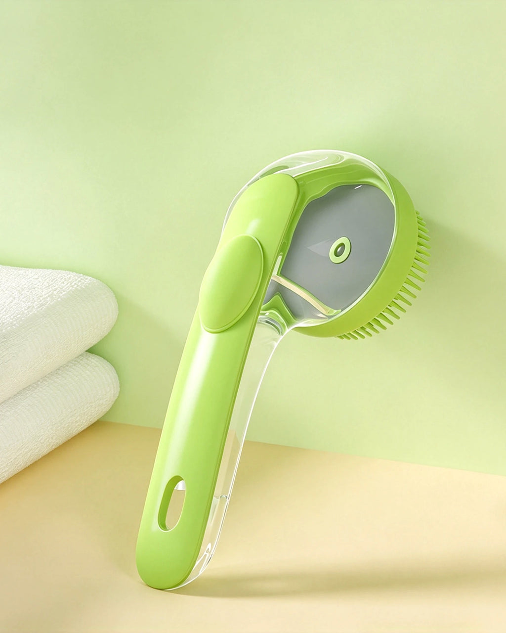 The bath brush resting beside folded towels
